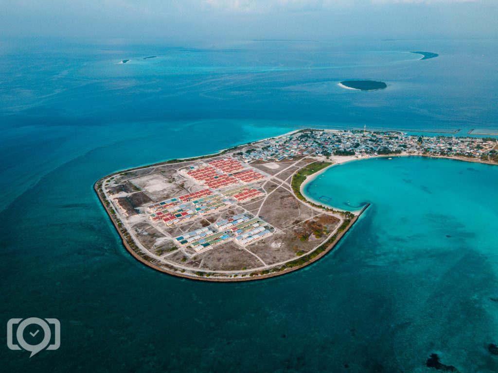 An aerial view of HA. Dhidhdhoo and its turquoise lagoon